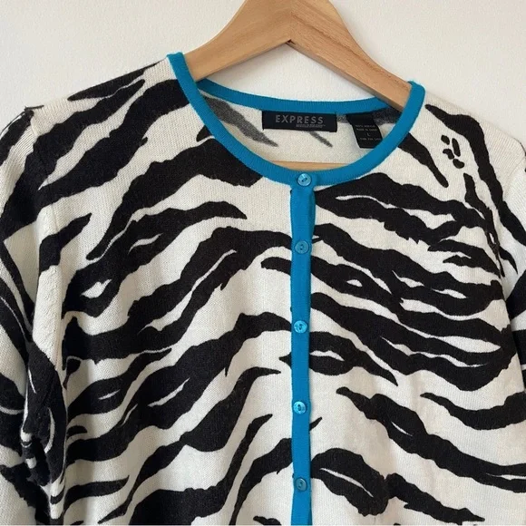 Vintage Y2K Zebra animal print sweater cardigan button-down Crewneck Large - Picture 2 of 5
